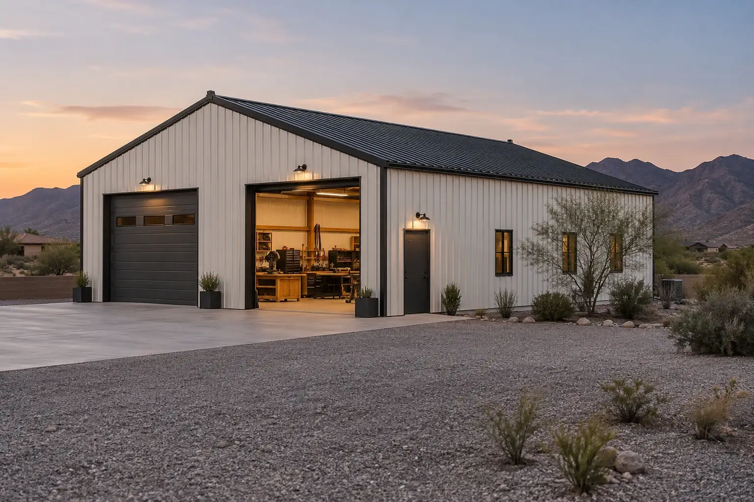 White metal workshop with an open illuminated bay at dusk concept