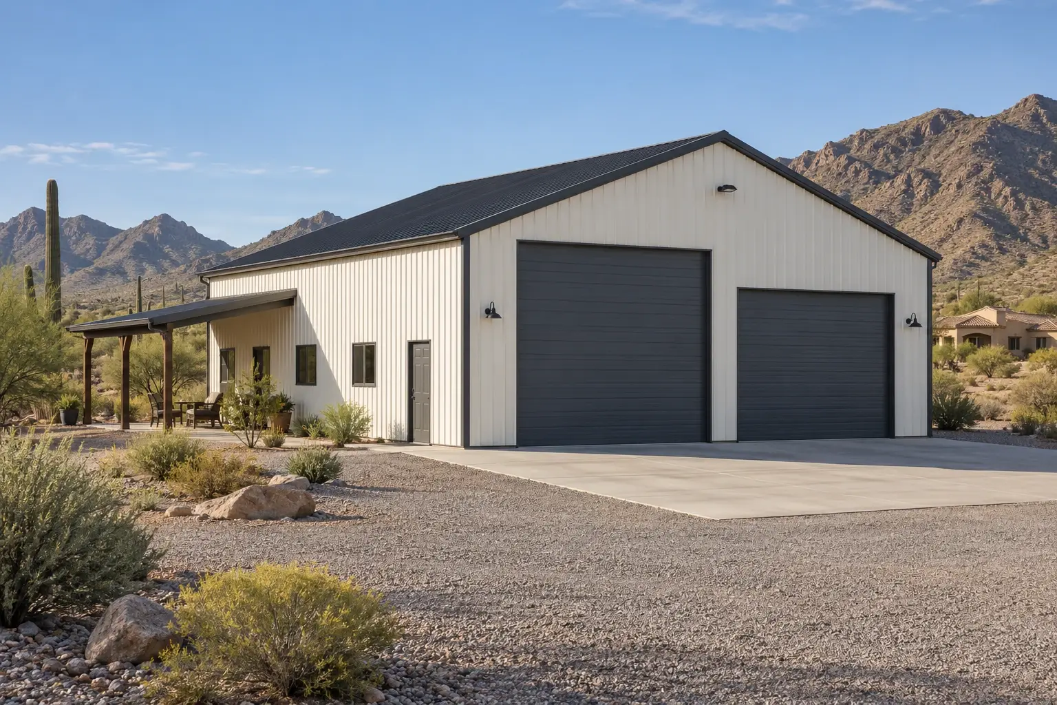 White metal workshop with a shaded side porch concept