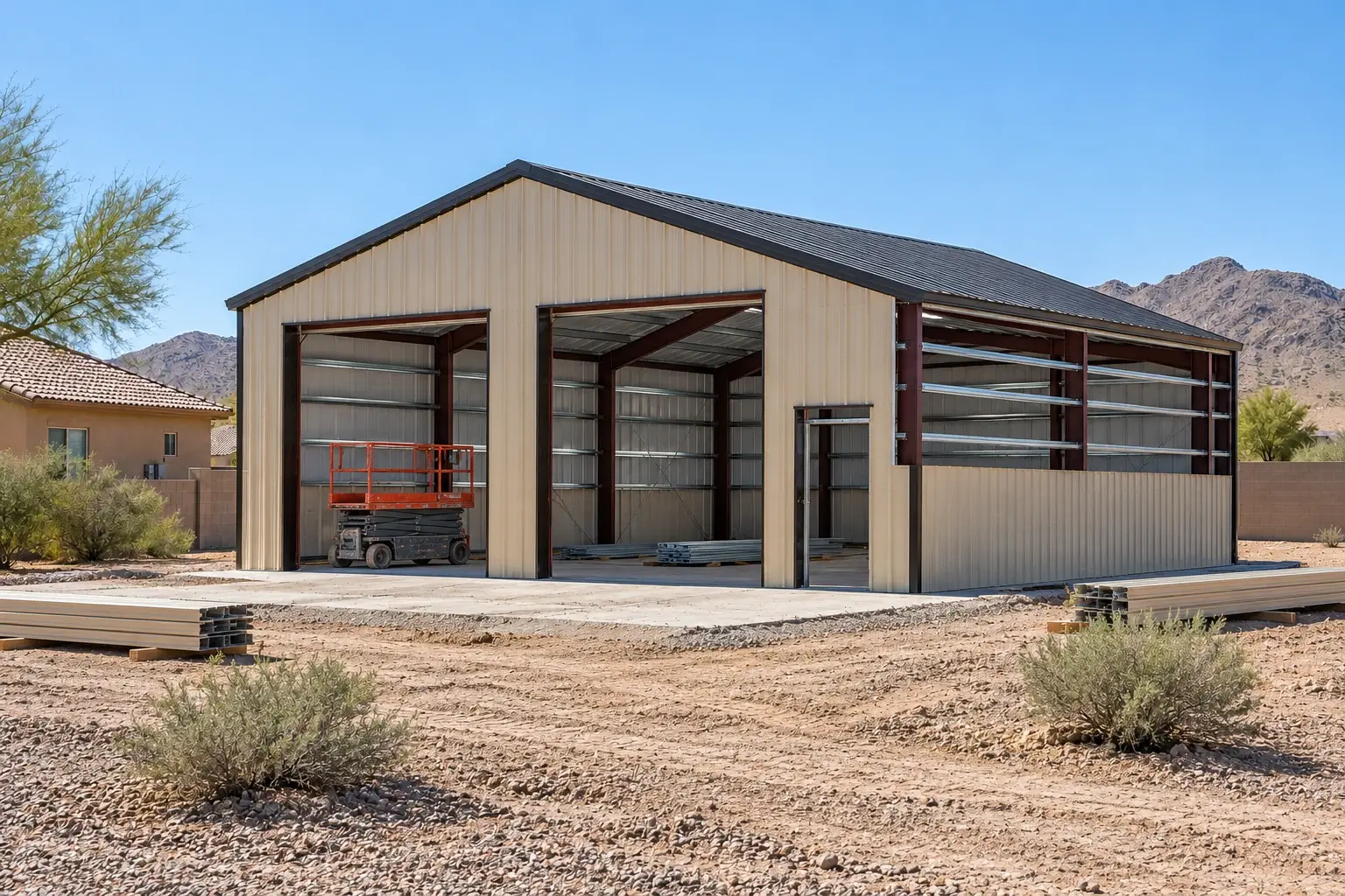 Residential metal building concept showing partial enclosure